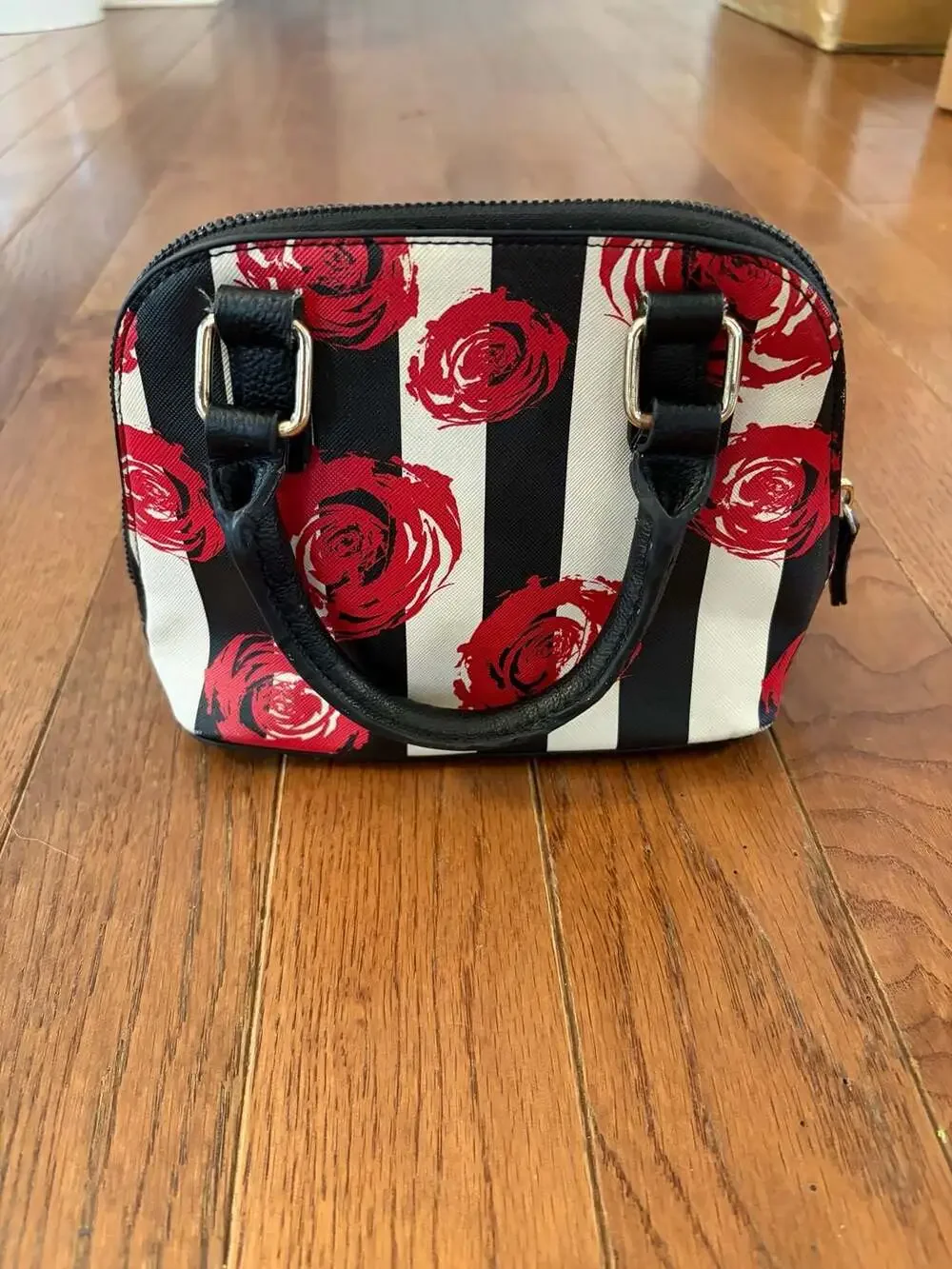 Betsey Johnson Black and White Striped Rose Print Mini Dome Satchel Handbag